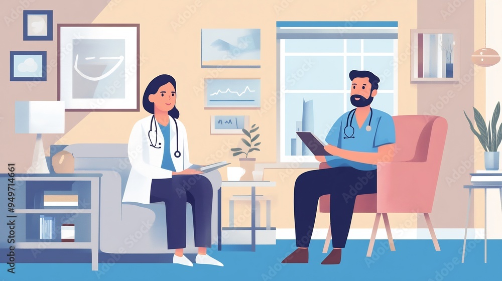 Illustration of a healthcare worker visiting a patient at home providing personalized care and attention Illustration of a healthcare worker visiting a patient at home providing personalized care and attention