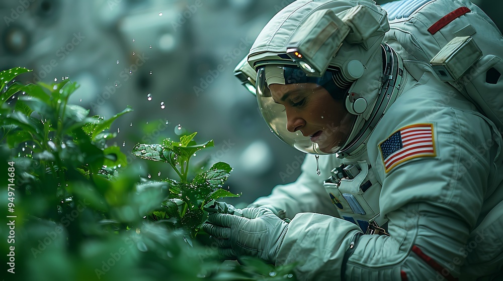 A close-up shot of an astronaut gently watering a plant in the space station's greenhouse, with droplets of water floating in zero gravity, A close-up shot of an astronaut gently watering a plant in the space station's greenhouse, with droplets of water floating in zero gravity,