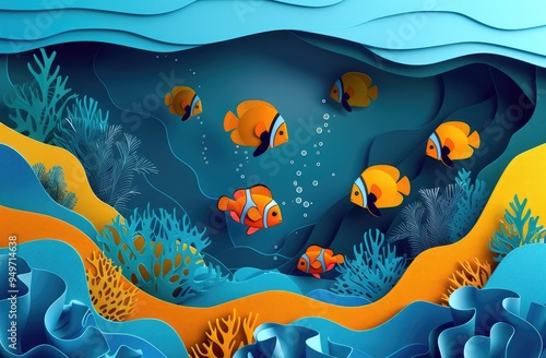 Paper cutout style, underwater scene with fish and coral reef in the ocean, paper art illustration