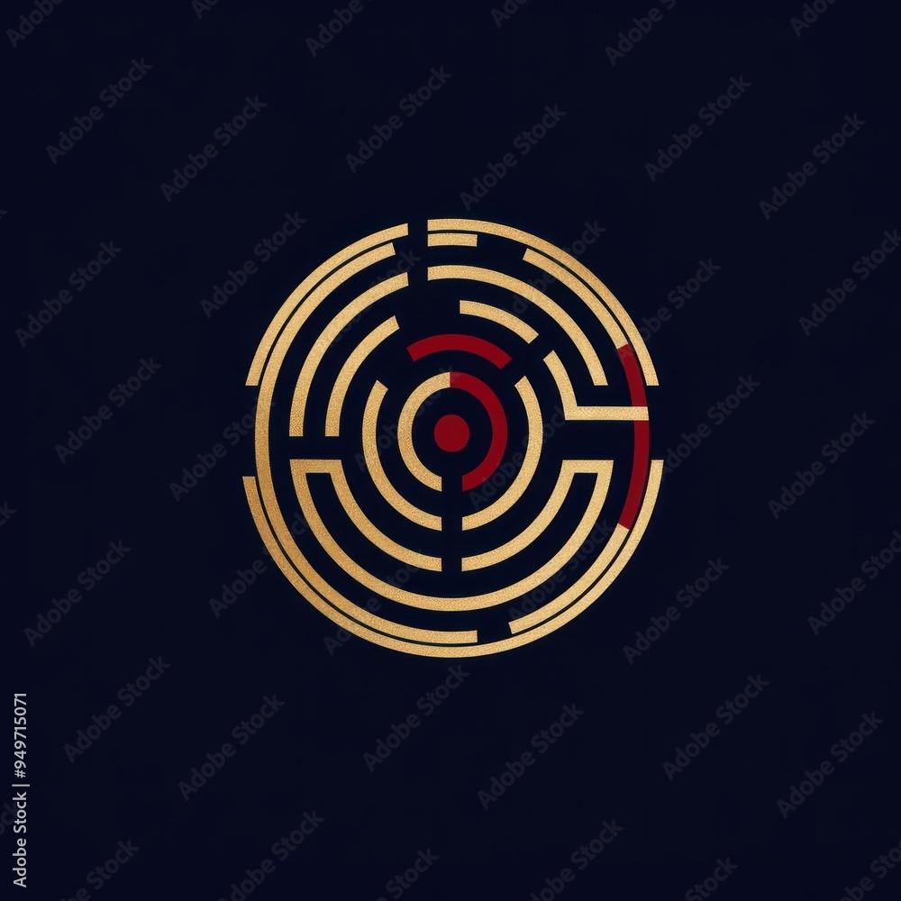 A circular maze design with intricate patterns and a central red dot. A circular maze design with intricate patterns and a central red dot.