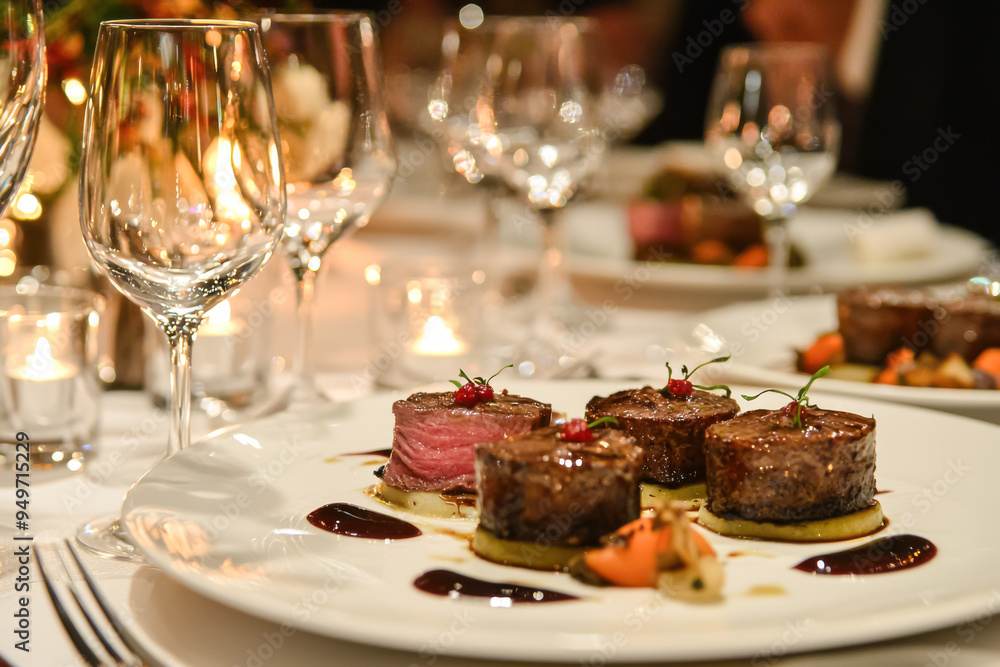Exquisite Dining: Gourmet Steak with Elegant Presentation. A refined meal of steak with gourmet sides is served in a candlelit setting, capturing the essence of luxury and high-class dining.
Exquisite Dining: Gourmet Steak with Elegant Presentation. A refined meal of steak with gourmet sides is served in a candlelit setting, capturing the essence of luxury and high-class dining.