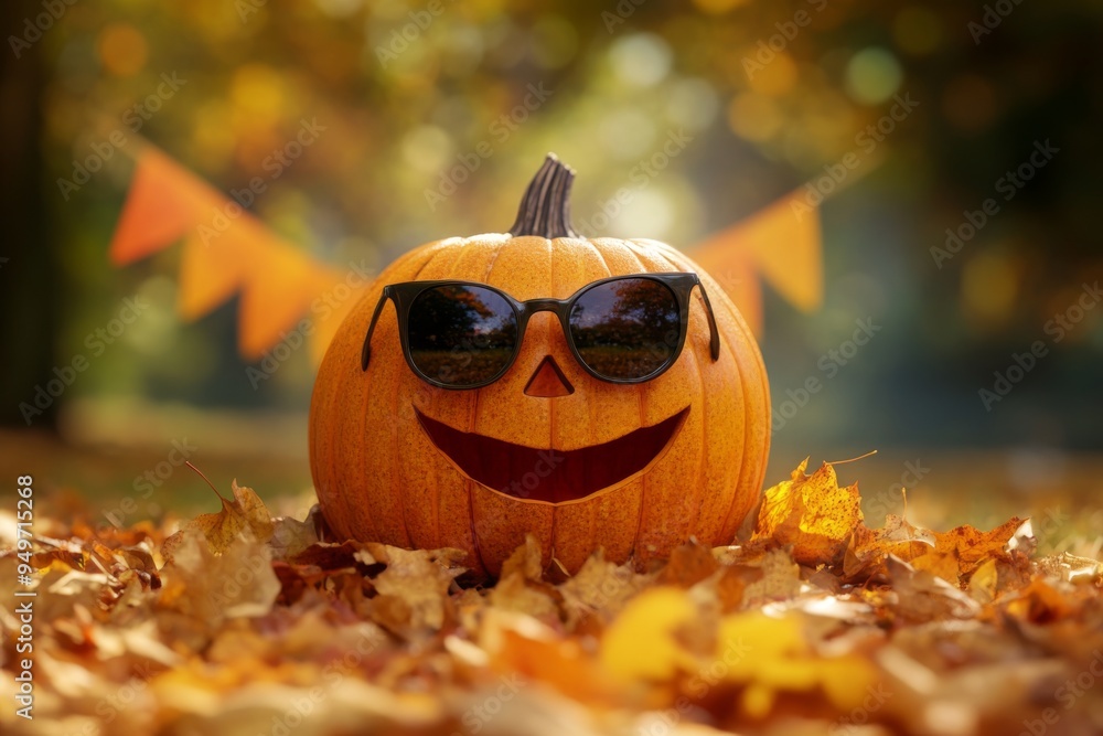 Naklejka premium a playful pumpkin character sitting on a pile of fallen leaves, wearing cool shades and a friendly smile, with a subtle thanksgiving day banner in the background.