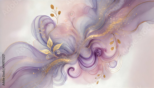 Liquify abstract watercolor background with empty space for text. Pastel decorated  with gold  and glitters wallpaper.