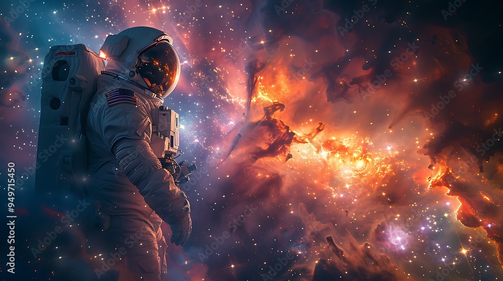 A detailed photograph of an astronaut observing a distant nebula through the spacecraft window, with colorful cosmic clouds and stars illuminating the dark space, A detailed photograph of an astronaut observing a distant nebula through the spacecraft window, with colorful cosmic clouds and stars illuminating the dark space,
