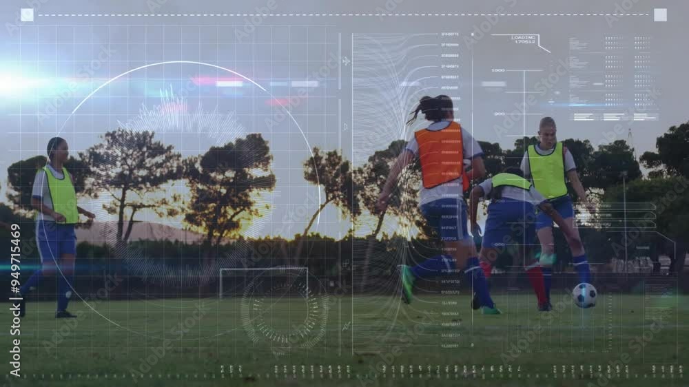 Soccer players training with data analysis animation over field and ...