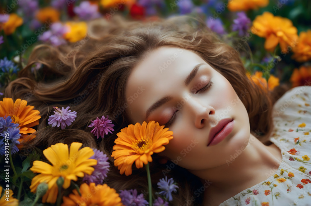 A serene woman with closed eyes lying among colorful flowers, exuding tranquility and peace. A serene woman with closed eyes lying among colorful flowers, exuding tranquility and peace.