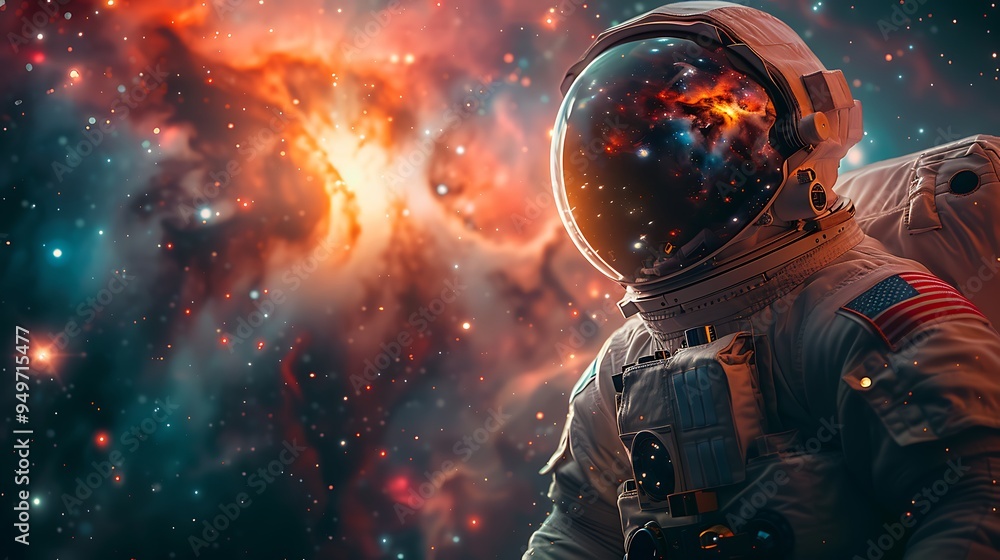 A detailed photograph of an astronaut observing a distant nebula through the spacecraft window, with colorful cosmic clouds and stars illuminating the dark space, A detailed photograph of an astronaut observing a distant nebula through the spacecraft window, with colorful cosmic clouds and stars illuminating the dark space,