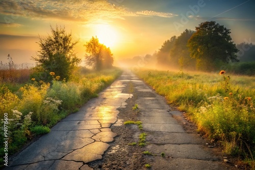 Rural abandoned cracked asphalt country road overgrown weeds crumbling concrete nature's revenge eerie foggy morning warm golden light photo