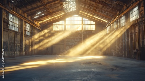 Sunlight Streaming into Empty Rustic Warehouse with Exposed Support Columns : Generative AI photo