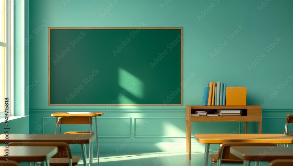An empty school classroom with desks and chairs An empty school classroom with desks and chairs