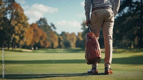 A man in elegant attire stands on a golf course with a golf bag embodying an oldmoney style and upperclass lifestyle : Generative AI photo