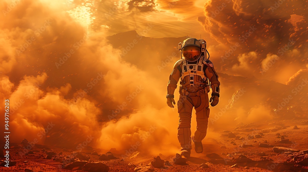 A photograph of an astronaut walking across the dusty red landscape of Mars, with swirling dust clouds around their boots, the barren and rocky terrain stretching into the distance, A photograph of an astronaut walking across the dusty red landscape of Mars, with swirling dust clouds around their boots, the barren and rocky terrain stretching into the distance,