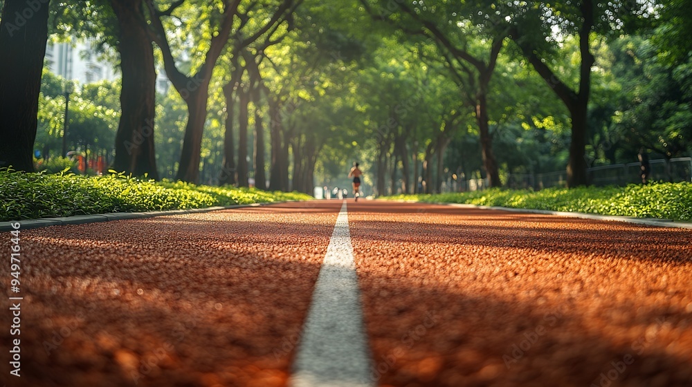 Obraz premium Athlete track or running track with green trees in the playground : Generative AI