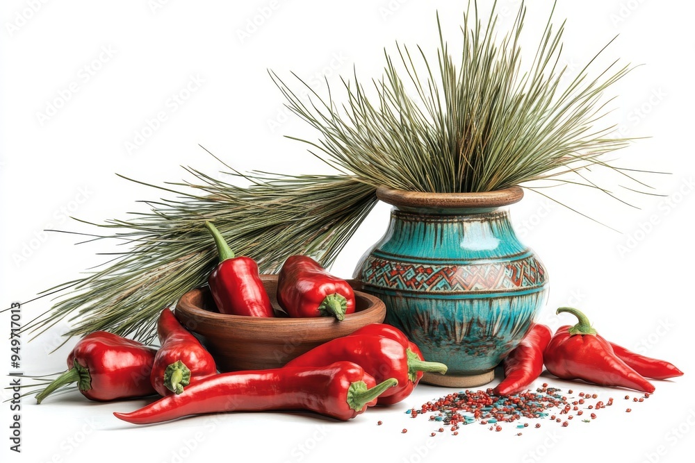 Naklejka premium a still life of red peppers, turquoise pottery, and a sprinkle of piã±on pine needles on a traditional santa fe-style table illustration