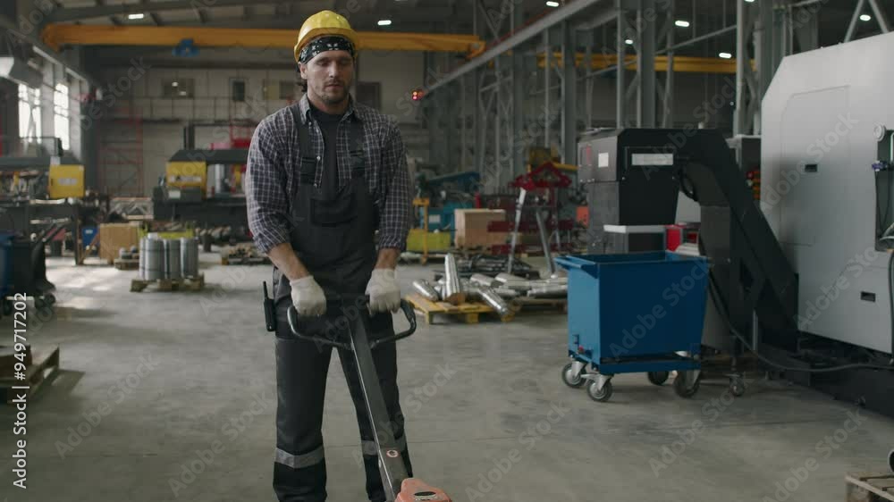 Wide shot of young Caucasian man working in modern factory using pallet jack to move heavy metal detail Wide shot of young Caucasian man working in modern factory using pallet jack to move heavy metal detail