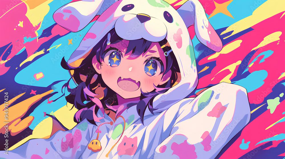 cute dog character wearing anime onesie costume, anime style, cute kawaii, simple, smiling happy. neon psychedelic background cute dog character wearing anime onesie costume, anime style, cute kawaii, simple, smiling happy. neon psychedelic background