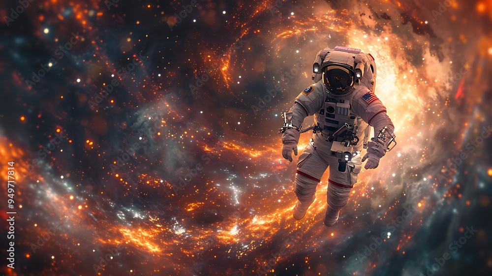An astronaut floating in space, about to be pulled into a brilliantly glowing wormhole, with the spacecraft just visible in the distance, An astronaut floating in space, about to be pulled into a brilliantly glowing wormhole, with the spacecraft just visible in the distance,