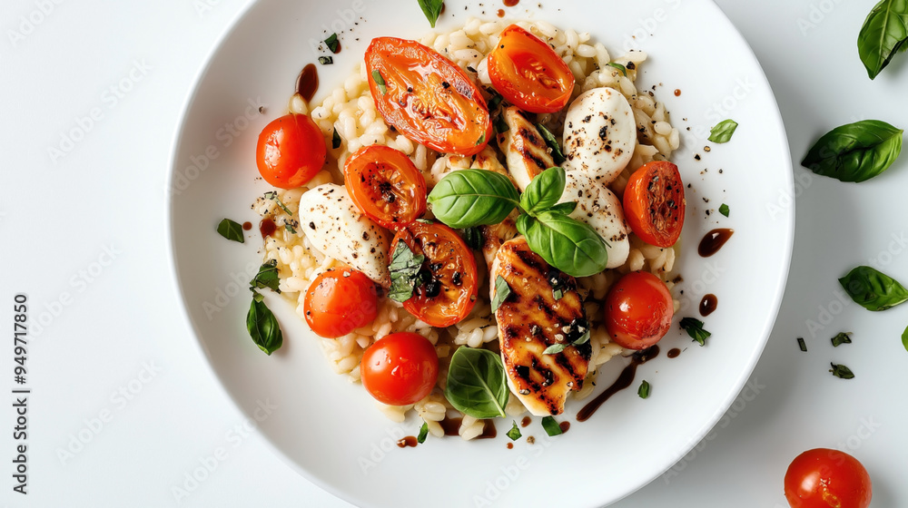 A plate of grilled chicken breast with cherry tomatoes, fresh mozzarella, basil leaves, and risotto, drizzled with balsamic glaze. A plate of grilled chicken breast with cherry tomatoes, fresh mozzarella, basil leaves, and risotto, drizzled with balsamic glaze.