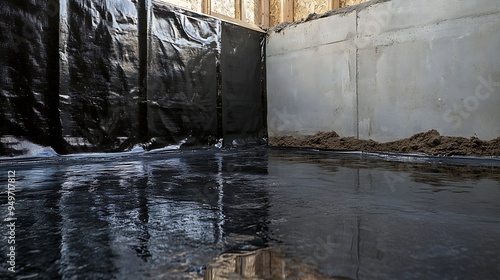 Basement waterproofing membrane before slab construction Bentonite waterproofing liner for concrete foundation moisture barrier : Generative AI photo