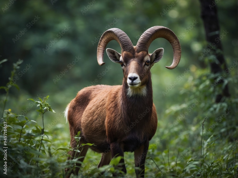 Mouflon in its natural habitat amid lush vegetation. Mouflon in its natural habitat amid lush vegetation.