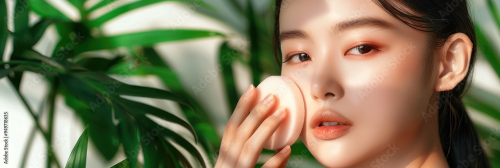 Korean model woman sits peacefully with vibrant red hair. Wears black dress applying foundation in beauty studio. Rich green plant frames face. Serene concentration expression. Korean model woman sits peacefully with vibrant red hair. Wears black dress applying foundation in beauty studio. Rich green plant frames face. Serene concentration expression.