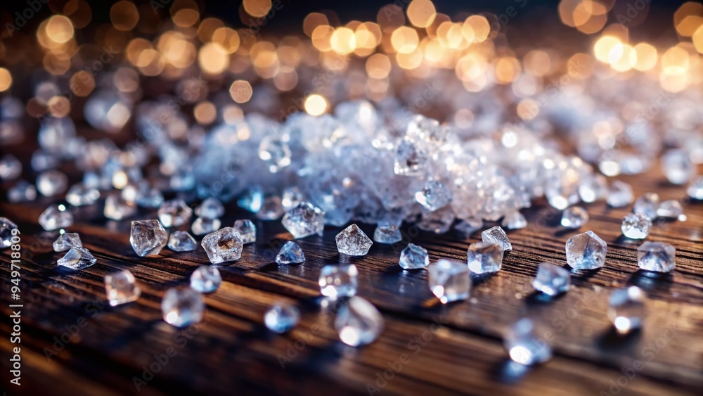 mesmerizing macro shot of white glittering crystals scattered across dark wood surface with shallow depth of field and warm side lighting mesmerizing macro shot of white glittering crystals scattered across dark wood surface with shallow depth of field and warm side lighting