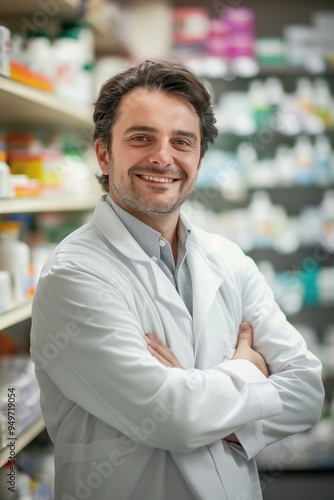 Confident pharmacist stands in well-stocked pharmacy with organized shelves and neutral background. Pro atmosphere allows vibrant colors of products to stand out.