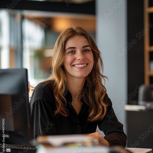 Caucasian receptionist sits at modern office desk, wearing black blouse, smiling warmly. Looks directly at camera, surrounded by various objects on desk. Shelves filled with books in background