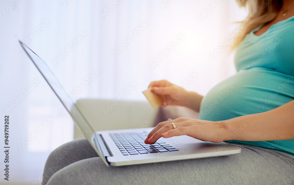 Naklejka premium Pregnant woman, hands and credit card with laptop in home for maternity online shopping and financial payment on sofa. Ecommerce, person and web purchase with transaction, banking service or consumer