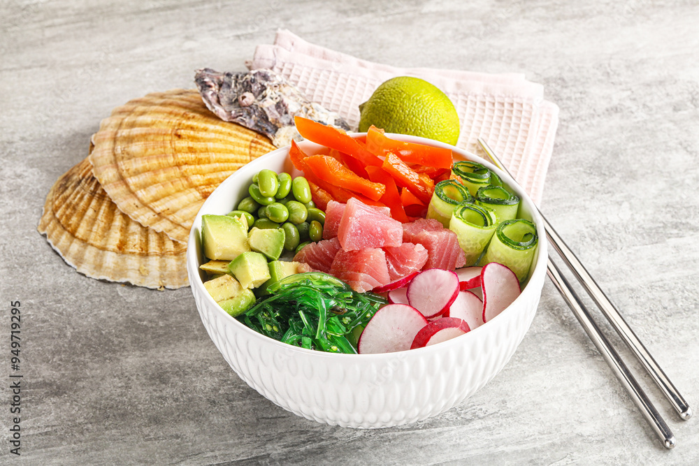Hawaiian cuisine - poke with tuna and rice Hawaiian cuisine - poke with tuna and rice