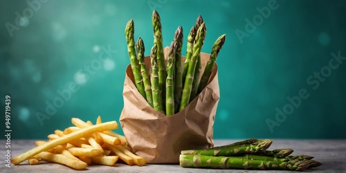 Bunch of fresh green asparagus and french fries Creative fast food and healthy food concept Banner. photo