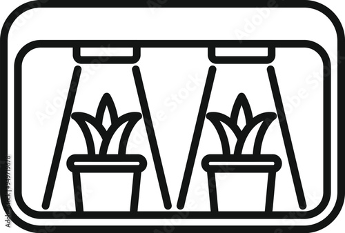 Simple outline icon of a home gardening setup using led grow lights to help plants thrive