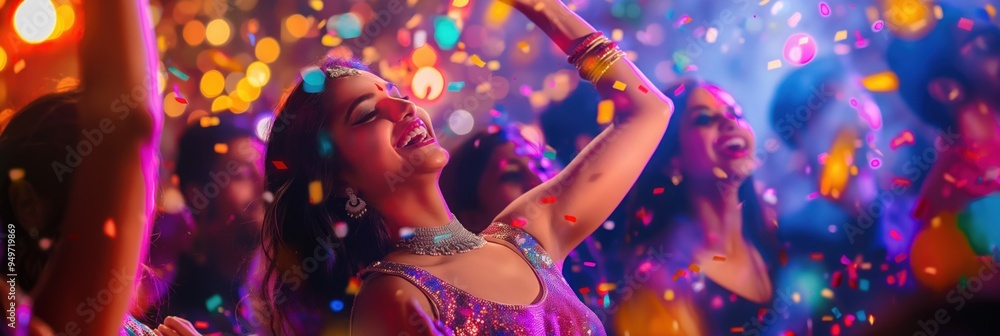 Lively party scene with group of people dancing in sync to music. Vibrant purple dress female host or performer stands out holding microphone amidst colorful confetti, dynamic movement. Lively party scene with group of people dancing in sync to music. Vibrant purple dress female host or performer stands out holding microphone amidst colorful confetti, dynamic movement.