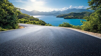 Asphalt road and blue sea with island nature landscape on a sunny day : Generative AI