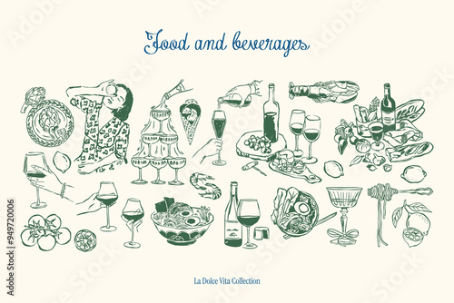 Minimalist hand drawn food and beverages vector illustration collection. Art for greeting cards, wedding invitations, poster design, postcards, branding, logo design. Matisse style doodles.