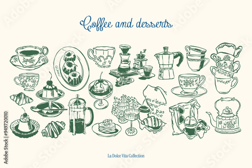 Minimalist hand drawn food and beverages vector illustration collection. Art for greeting cards, wedding invitations, poster design, postcards, branding, logo design. Matisse style doodles.