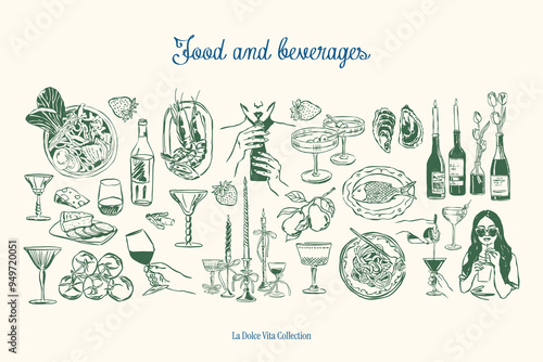 Minimalist hand drawn food and beverages vector illustration collection. Art for greeting cards, wedding invitations, poster design, postcards, branding, logo design. Matisse style doodles.