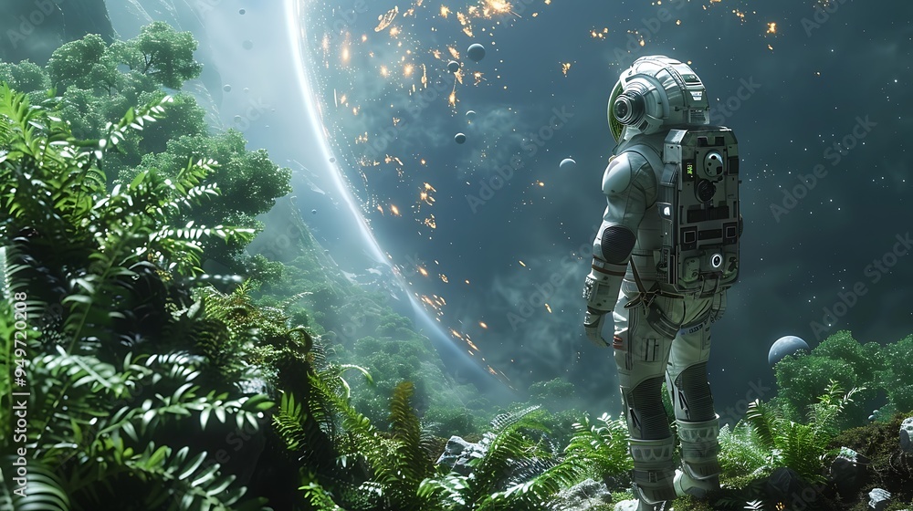 An astronaut standing in a dense alien jungle, looking up at a sky where colossal planets and stars are visible through gaps in the foliage, the scene filled with a sense of discovery and the surreal, An astronaut standing in a dense alien jungle, looking up at a sky where colossal planets and stars are visible through gaps in the foliage, the scene filled with a sense of discovery and the surreal,