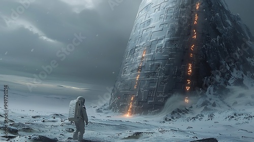 An astronaut standing before a towering alien monolith on an unknown planet, with strange glowing symbols etched into its surface, the landscape barren and otherworldly, photo