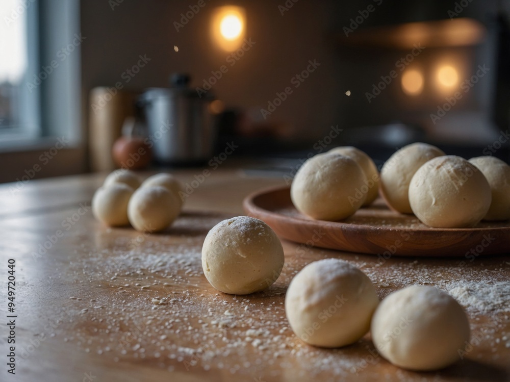 Preparing pizza dough balls on kitchen counter. Preparing pizza dough balls on kitchen counter.