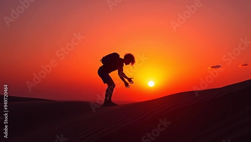 a man is standing on the sand, and the sun is setting behind him, which he wants to catch