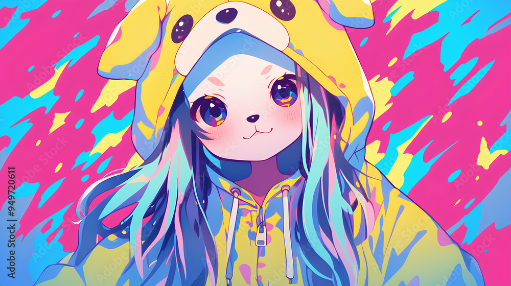 Naklejka premium cute dog character wearing anime onesie costume, anime style, cute kawaii, simple, smiling happy. neon psychedelic background