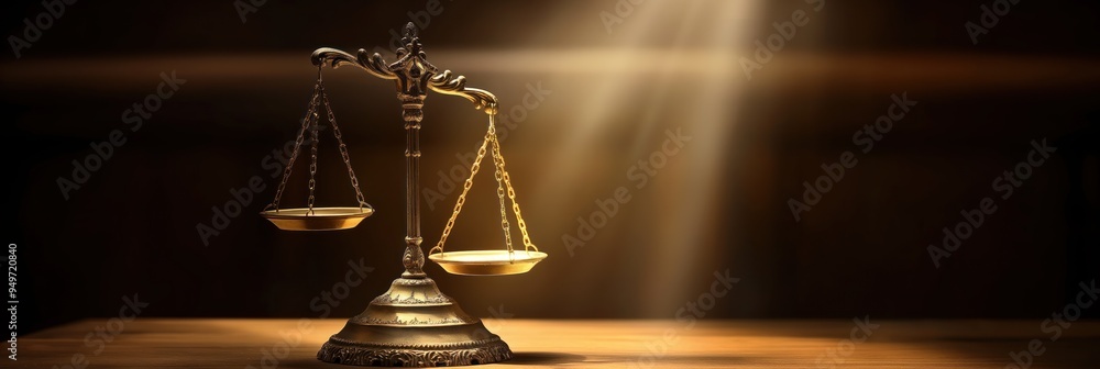 Golden balance scale on wooden base illuminated by spotlight. Concept image for law firm or justice theme. Dark background creates focus on scale symbol. Golden balance scale on wooden base illuminated by spotlight. Concept image for law firm or justice theme. Dark background creates focus on scale symbol.