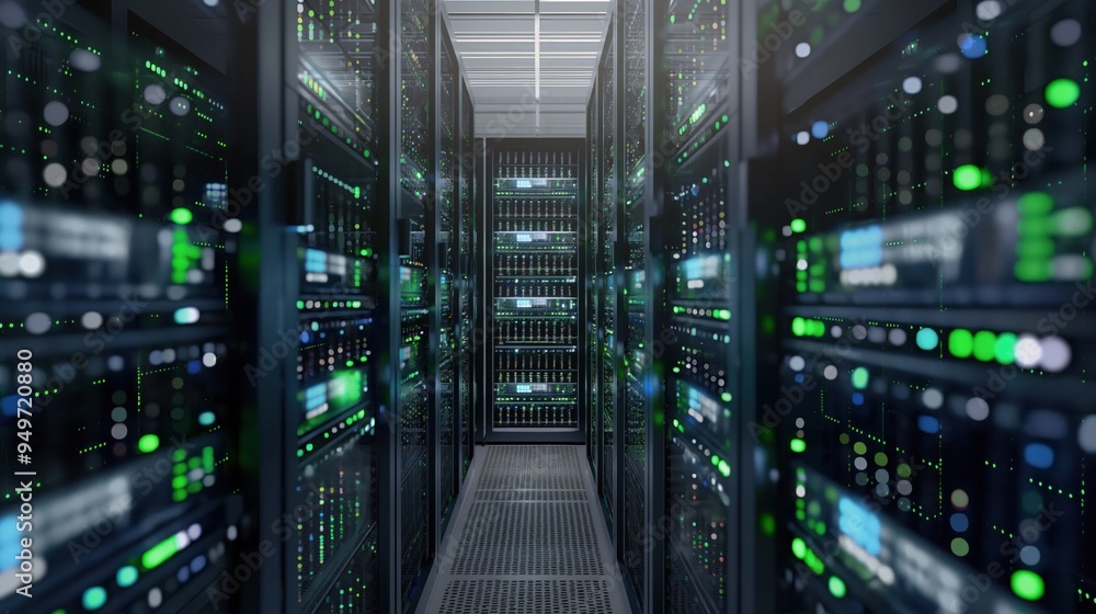 Server room interior with rows of computer hardware equipment, data storage systems. Mainframe computers, servers arranged in grid pattern on metal racks, connected by cables, wires. Room illuminated Server room interior with rows of computer hardware equipment, data storage systems. Mainframe computers, servers arranged in grid pattern on metal racks, connected by cables, wires. Room illuminated