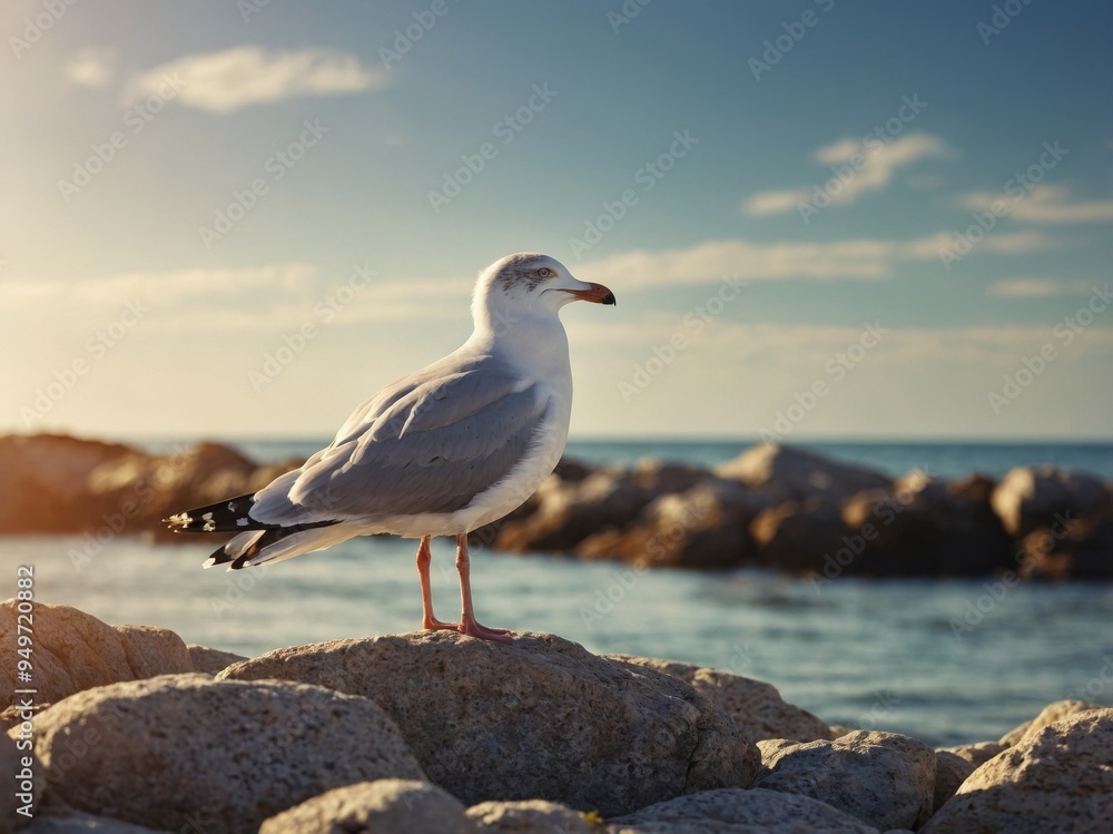 Fototapeta premium Seagull perched on rocky beach under sunny sky.