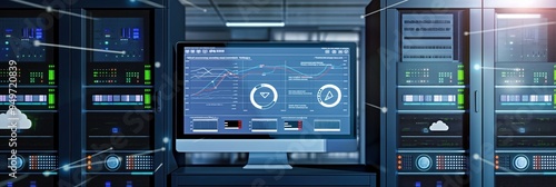 Server room with racks holding networking devices and a kvm monitor displaying charts on screen. Cloud services icon with connection lines represent data center digital infrastructure. photo