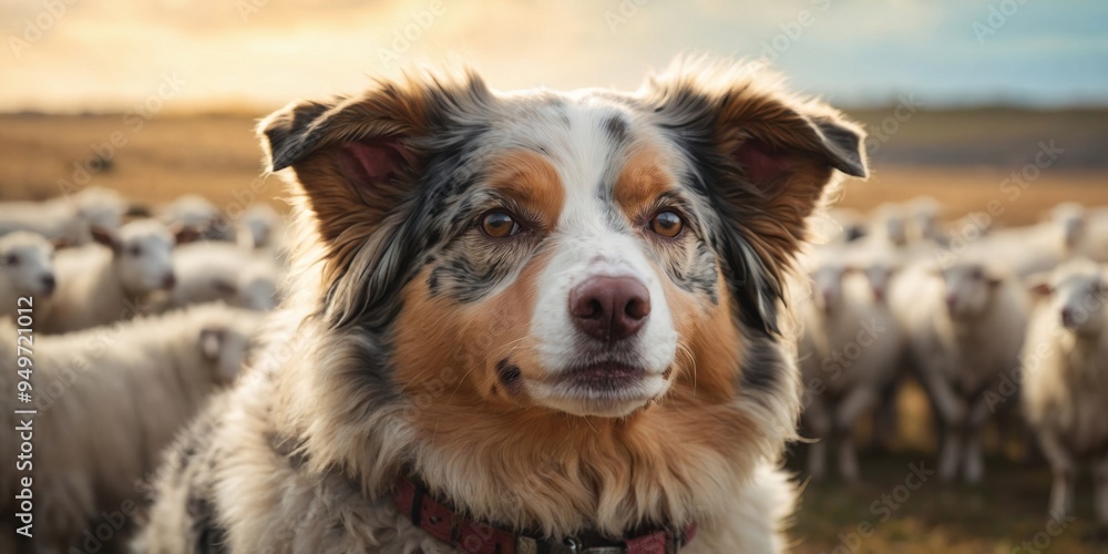 Close up of Australian Shepherd dog in front of flock of sheep. Close up of Australian Shepherd dog in front of flock of sheep.