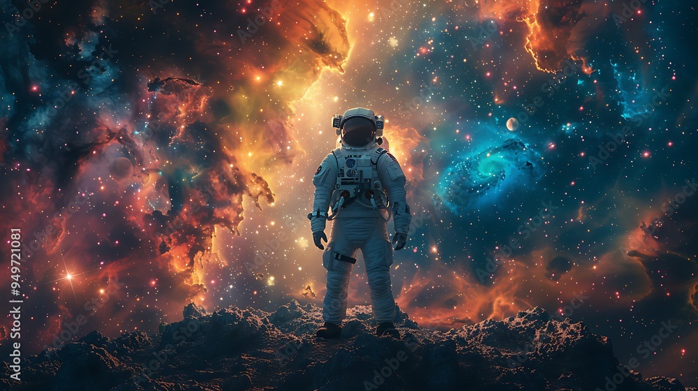 An astronaut standing on the surface of an alien planet, gazing up at a sky filled with multiple moons, strange stars, and vibrant nebulae, An astronaut standing on the surface of an alien planet, gazing up at a sky filled with multiple moons, strange stars, and vibrant nebulae,