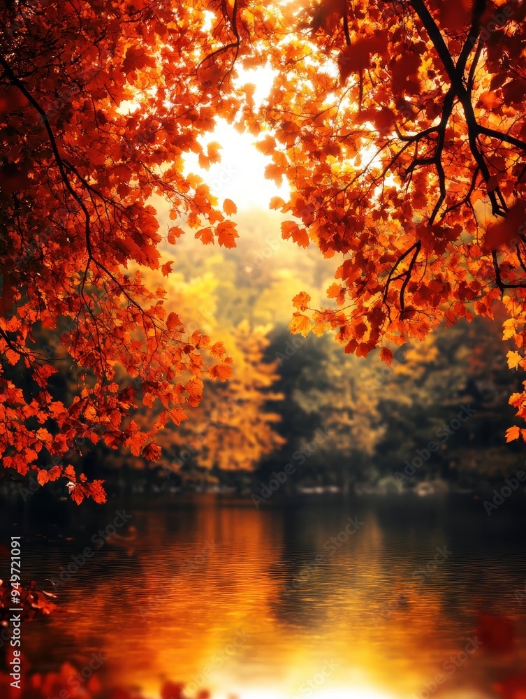 Sunlit Autumn Landscape with Reflective Lake, Perfect for Peaceful Nature and Meditation Backgrounds Sunlit Autumn Landscape with Reflective Lake, Perfect for Peaceful Nature and Meditation Backgrounds