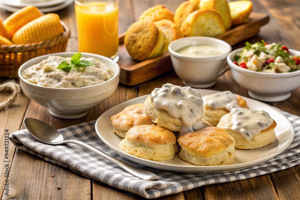 A breakfast spread featuring biscuits with gravy. A breakfast spread featuring biscuits with gravy.